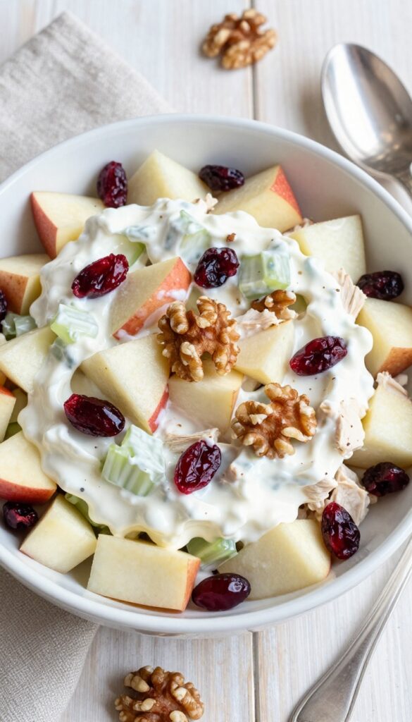 Creamy Greek yogurt chicken salad with Honeycrisp apples, walnuts, and cranberries in a white bowl on a wooden table.
