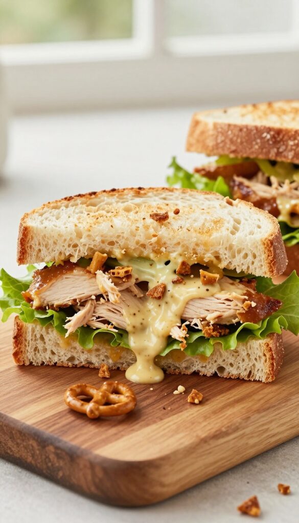Honey mustard pretzel chicken salad sandwich cut in half on a wooden board with pretzel bits and lettuce.