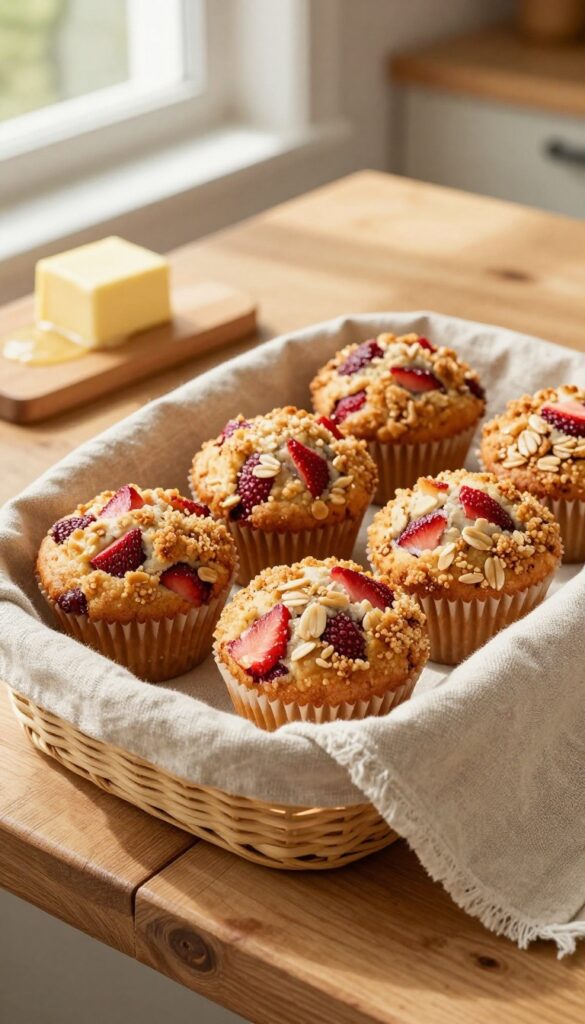 Freshly baked strawberry oatmeal muffins in a linen-lined basket on a rustic wooden table with a pat of butter, bathed in warm natural light.