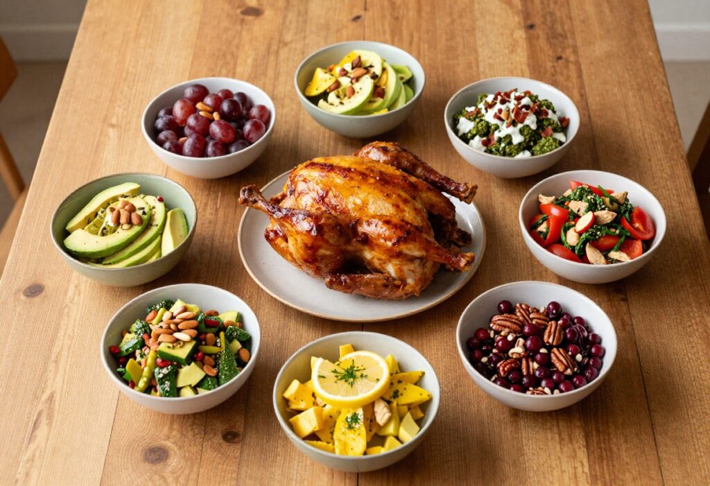 Seven bowls of rotisserie chicken salad arranged around a whole rotisserie chicken on a wooden table.