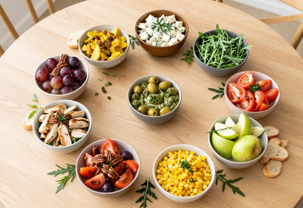 Eight bowls of various chicken salads on a wooden table, each with different ingredients and colors, surrounded by fresh herbs and bread slices.