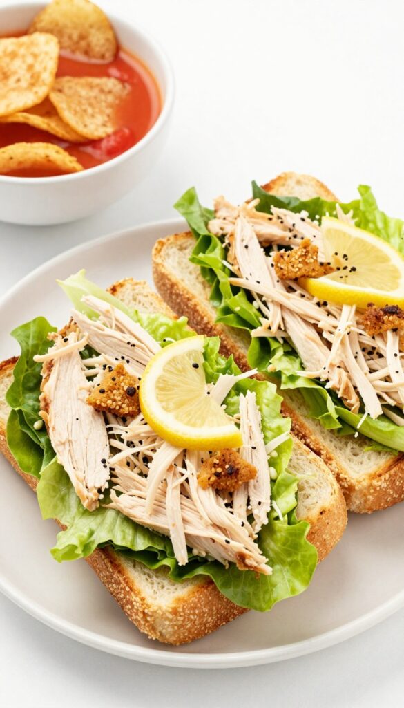 Garlic Lemon Caesar chicken salad sandwich on toasted brioche with kettle chips and tomato soup