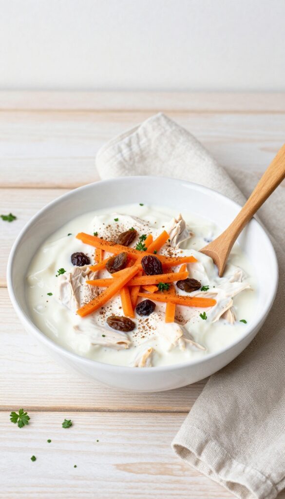 Bowl of carrot-raisin chicken salad with yogurt dressing on a wooden table.