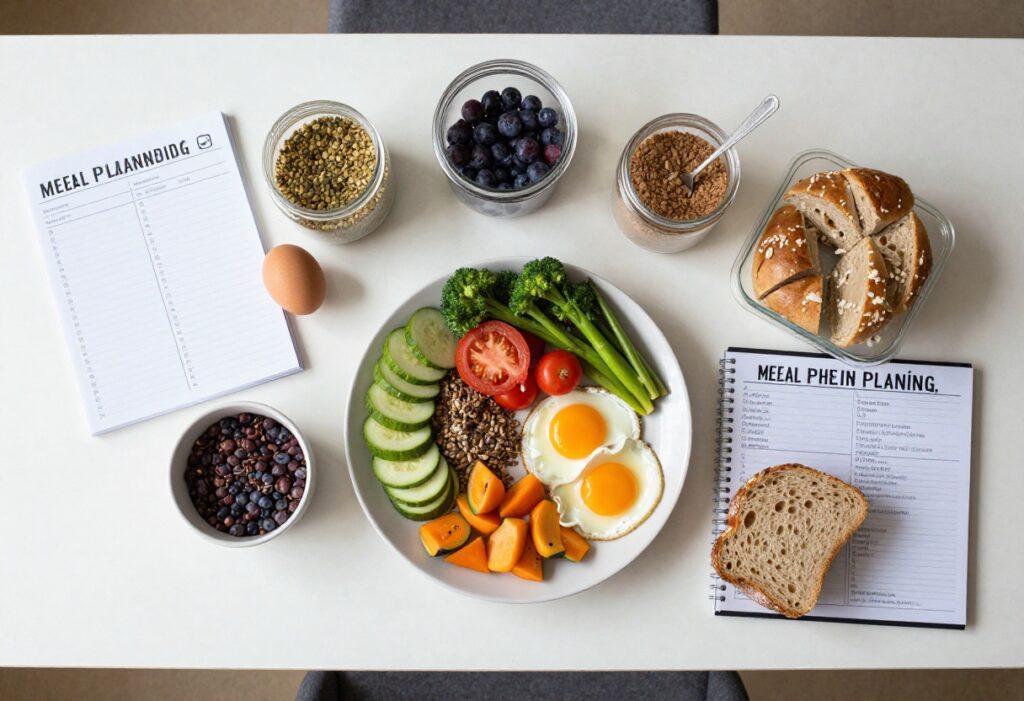 Healthy meal on a plate with a clock showing noon, representing the start of an eating window in a fasting diet plan.