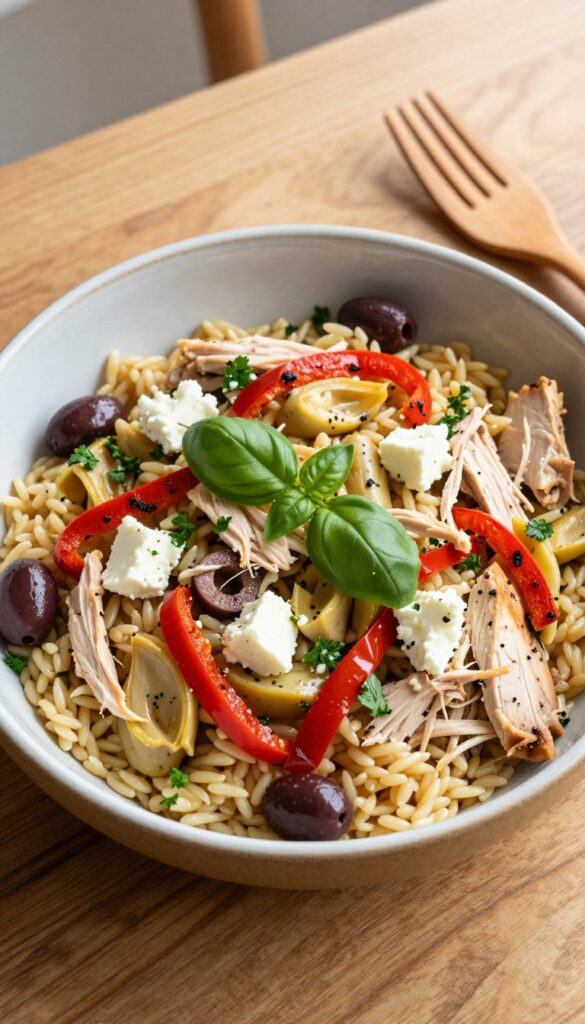 Mediterranean orzo chicken salad with artichokes and roasted peppers in a bowl