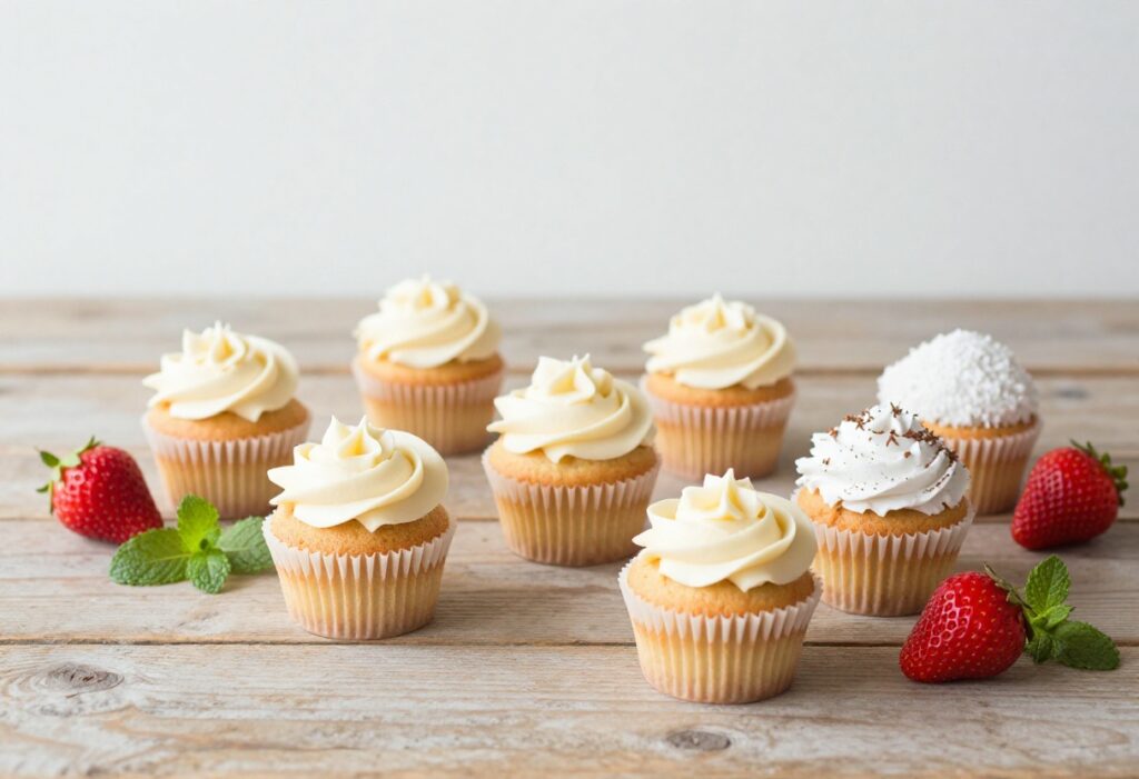 Nine strawberry cupcakes with various frostings on a wooden table, surrounded by fresh strawberries and mint.