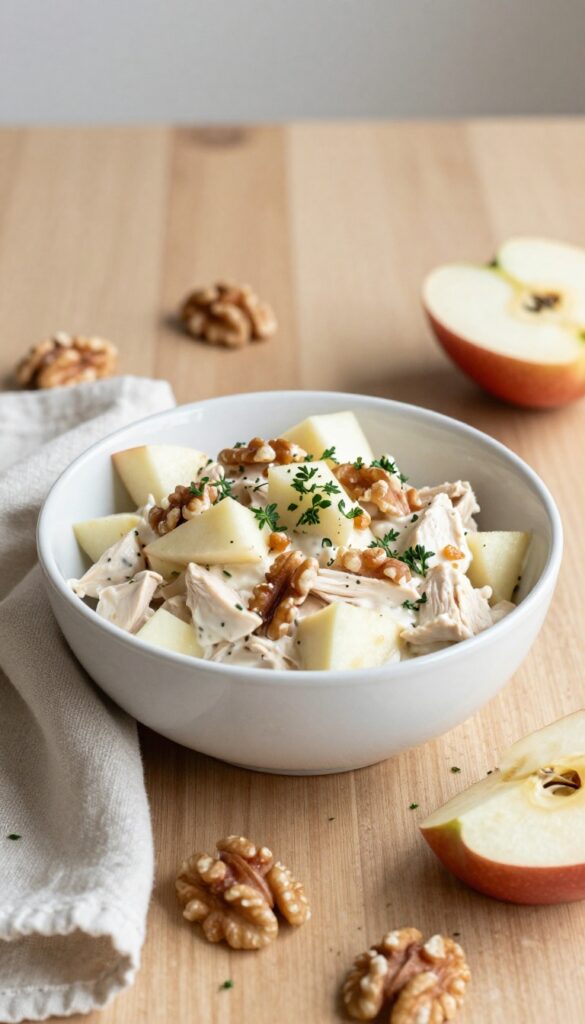 Creamy chicken salad with apple, tarragon, and toasted walnuts in a white bowl on a wooden table.