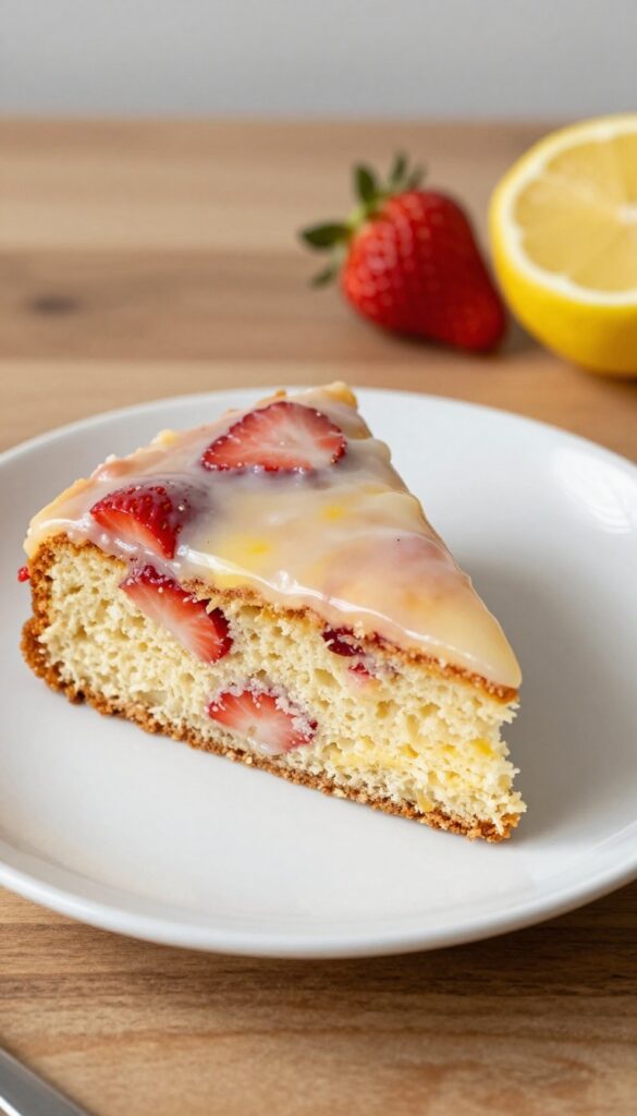 Glazed strawberry lemon coffee cake slice on a plate with fresh strawberries and lemon