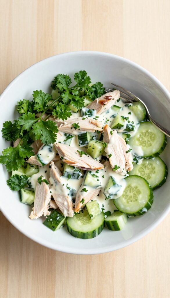 Bowl of cucumber and parsley chicken salad with lemon mayo on a wooden table