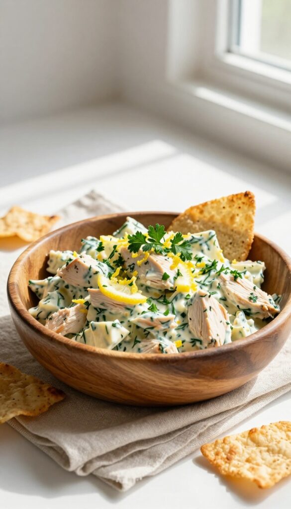 Herby lemon-parsley chicken salad with pita chips in a rustic bowl on a linen napkin.