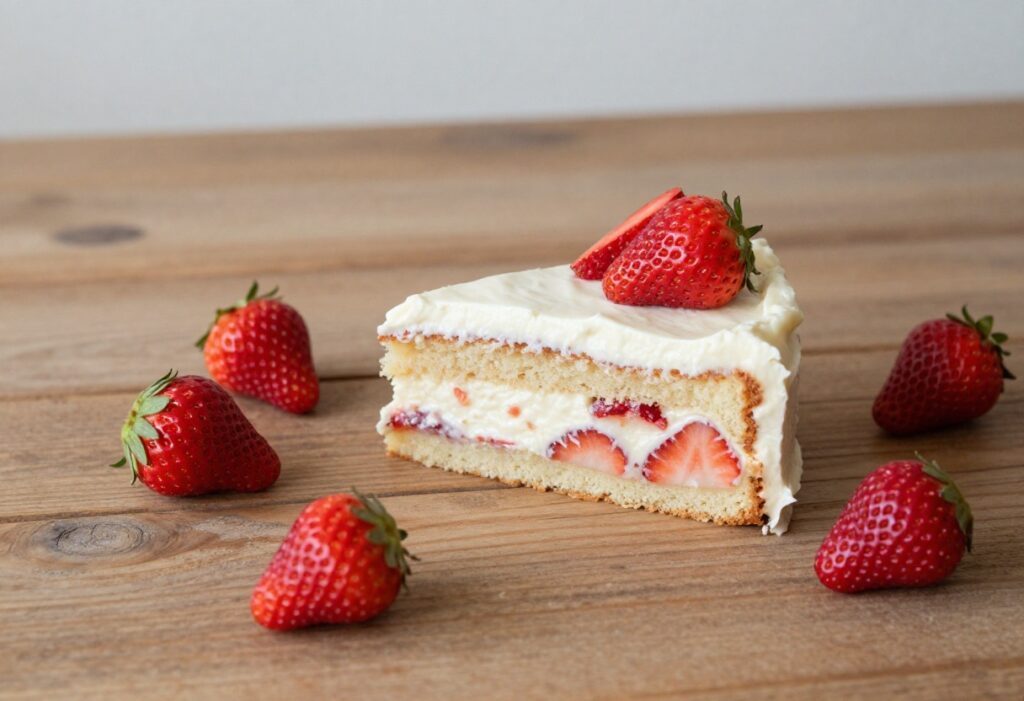 A slice of strawberry cake on a wooden table with fresh strawberries scattered around