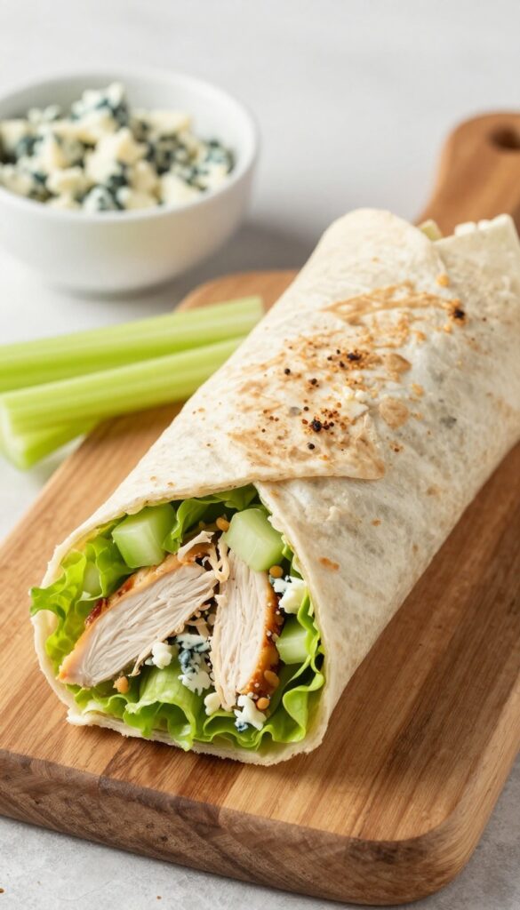 Buffalo chicken salad wrap with blue cheese and celery on a wooden board