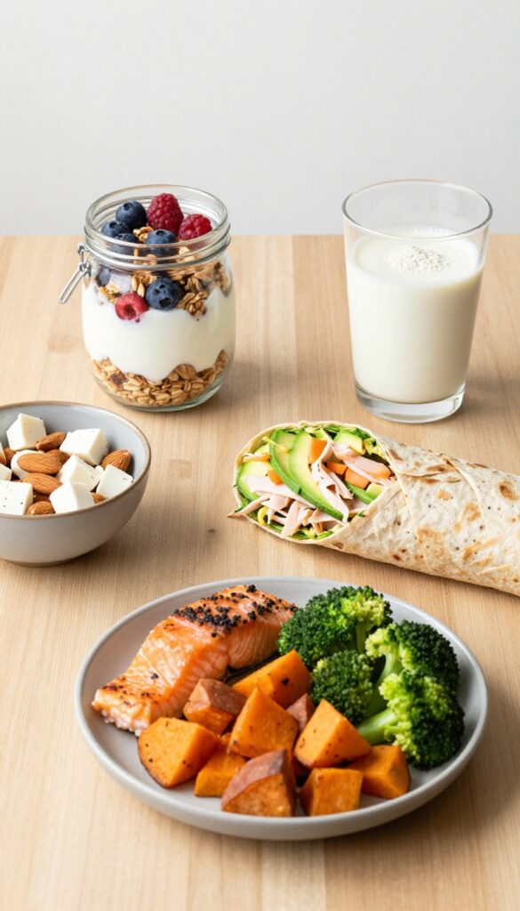 Flat lay of a 2000 calorie meal plan with Greek yogurt parfait, turkey wrap, almonds, cheese, sheet pan salmon and vegetables, and almond milk.