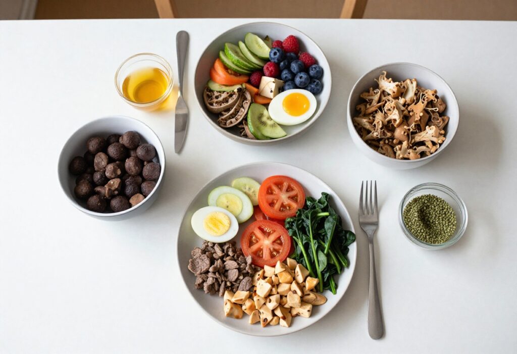 Gluten-free meal prep containers with salad, chicken, quinoa, smoothie bowl, and pasta on a wooden table.
