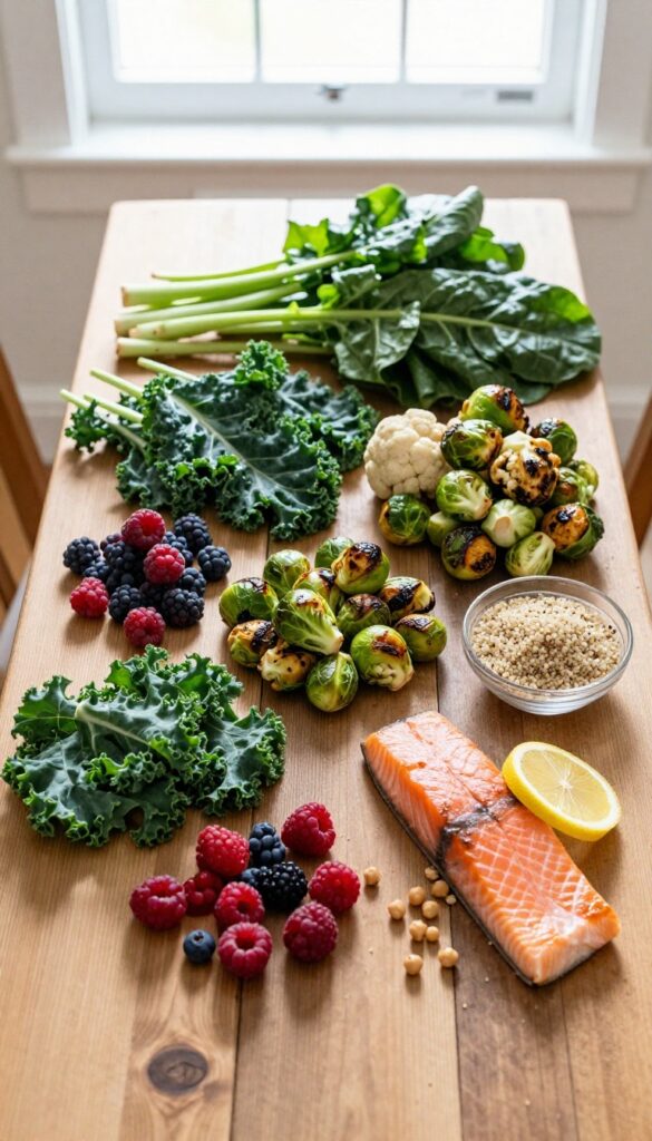 Colorful whole foods spread on a wooden table including berries, leafy greens, roasted vegetables, salmon, quinoa, and chickpeas in natural light.