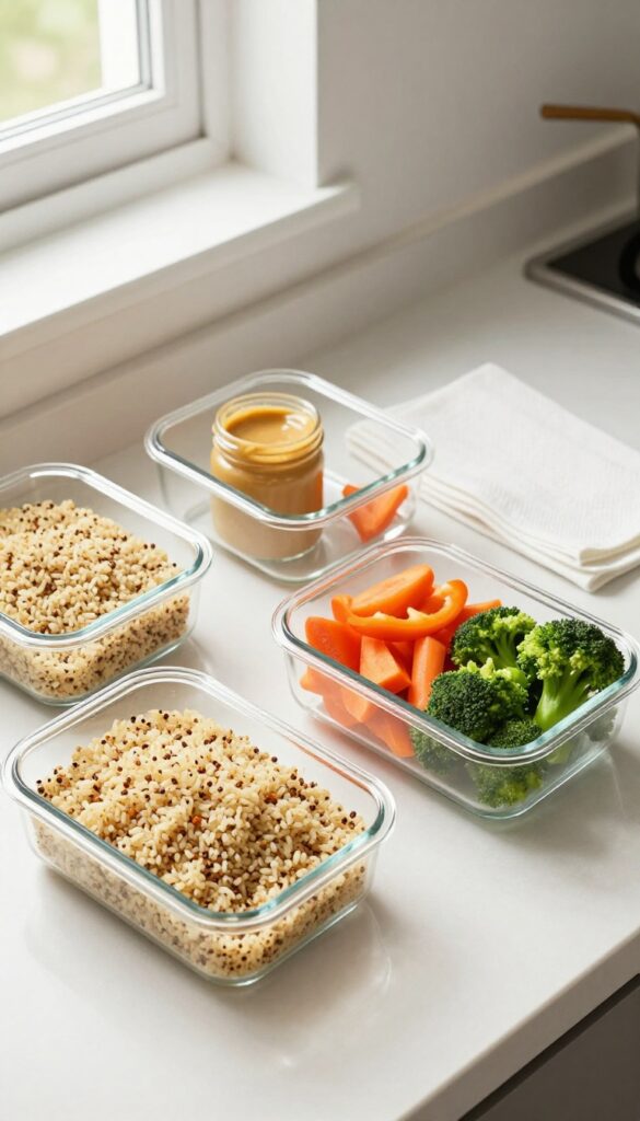 Meal prep containers with grains, chopped vegetables, and dressing on a kitchen counter
