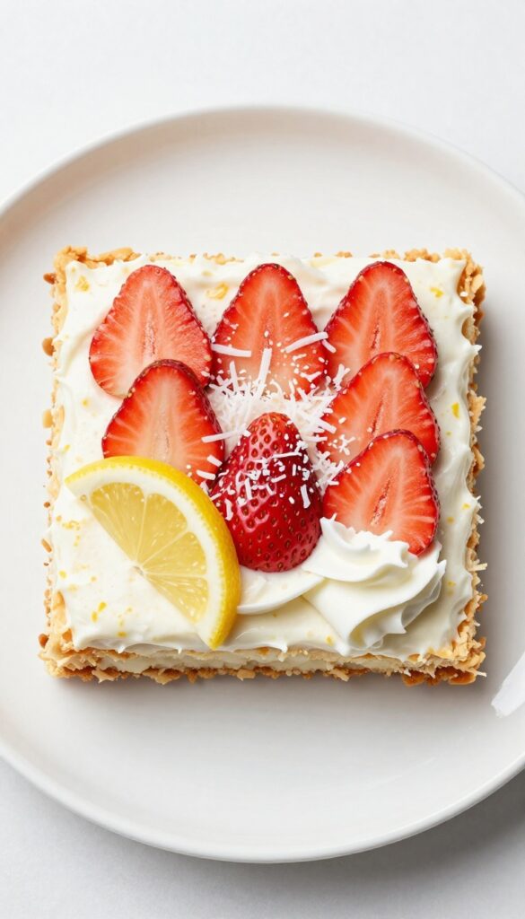 Vegan strawberry lemon bar with coconut cream topping on a white plate