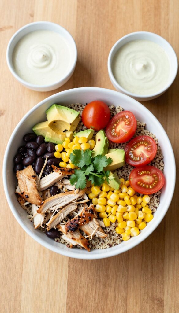 Southwest chicken and quinoa power bowl with black beans, corn, avocado, and chipotle dressing