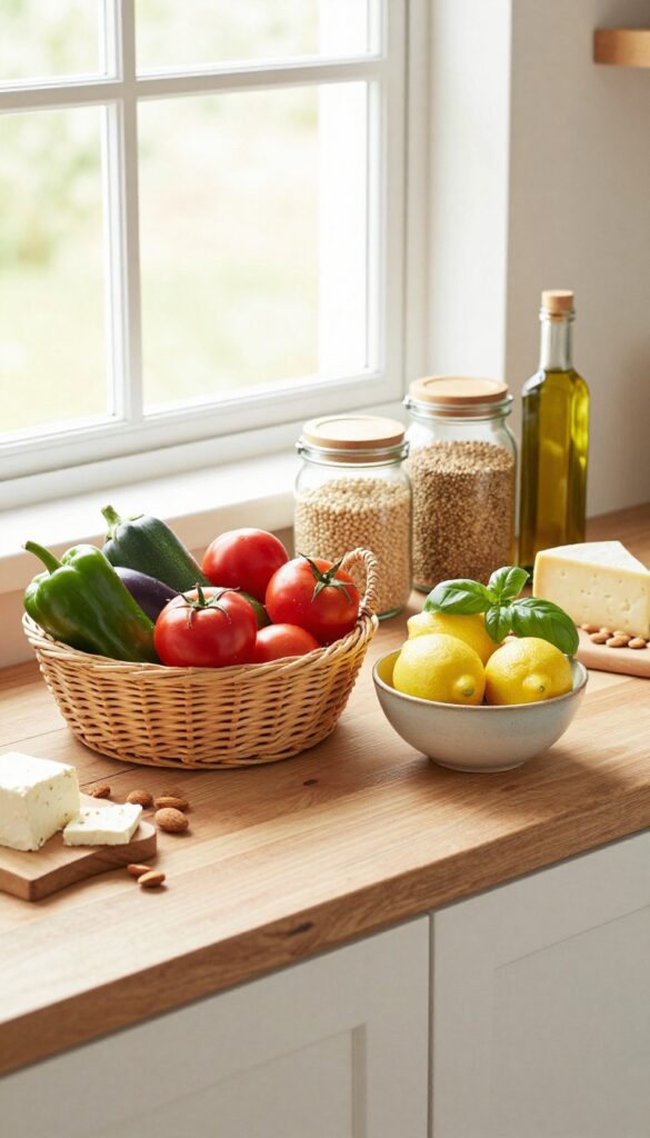 Mediterranean diet staples: fresh vegetables, fruits, whole grains, legumes, olive oil, nuts, and cheese on a rustic kitchen counter.