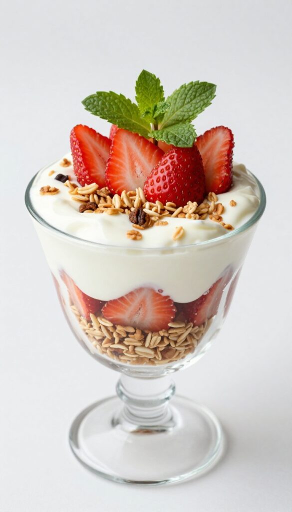 Classic strawberry yogurt parfait in a glass jar with layers of yogurt, strawberries, and granola.