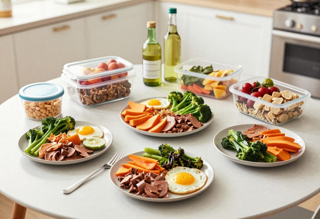 Balanced meal with chicken, quinoa, vegetables, and avocado on a wooden table