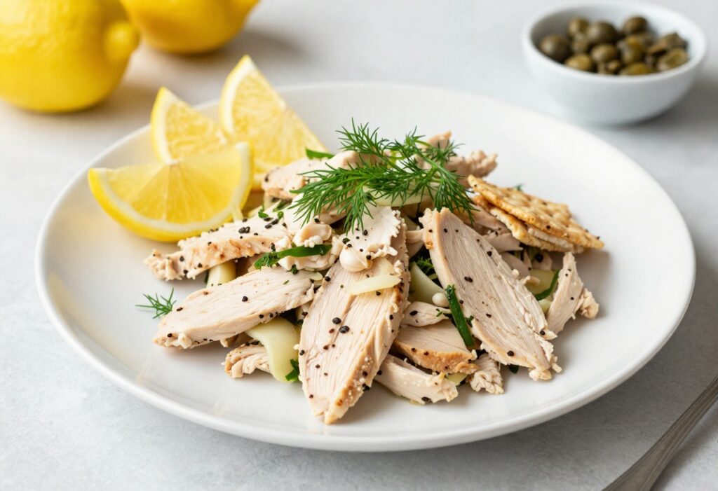 Lemony chicken salad on a plate with crackers and fresh dill