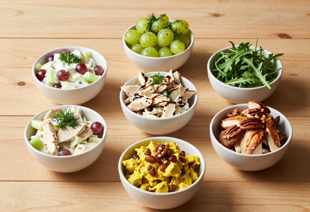 Five bowls of chicken salad with grapes arranged on a wooden table, each with different ingredients and colors.