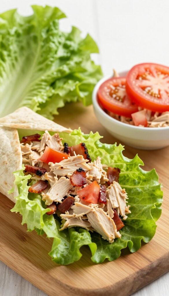 BLT chicken salad lettuce wrap on a wooden board with extra lettuce leaves and chicken salad bowl