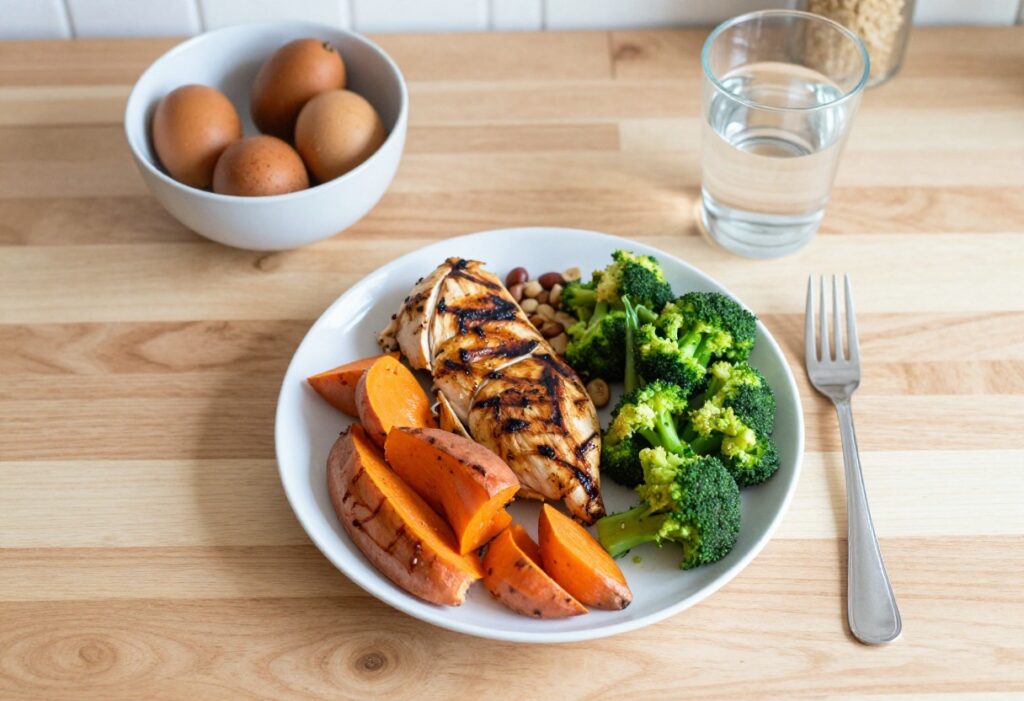 Balanced meal with chicken, quinoa, sweet potatoes, broccoli, and nuts on a wooden table.