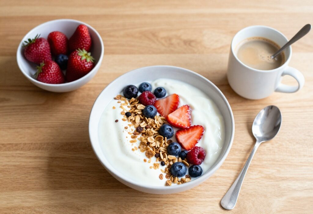 Healthy breakfast bowl with yogurt, berries, and granola on a wooden table