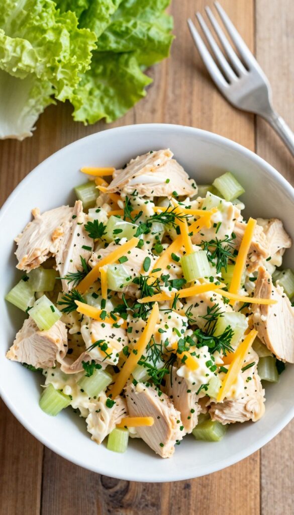 Creamy chicken salad with cheddar cheese and celery in a bowl, served with lettuce cups on a wooden table.