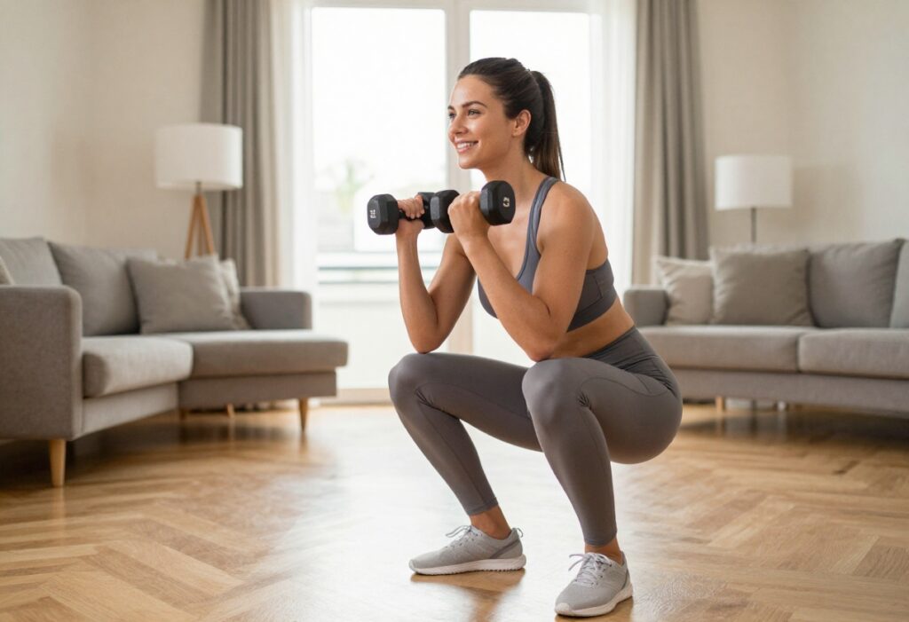 Woman doing a dumbbell squat in her living room as part of a 4-day workout plan
