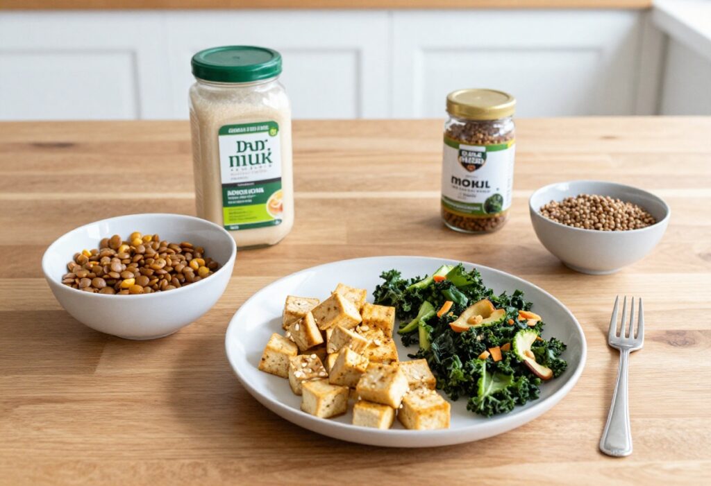 Plant-based food swaps including oat milk, tofu, lentils, kale chips, and nutritional yeast on a wooden table.