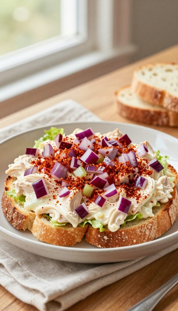 Smoked paprika chicken salad on toasted sourdough bread with lettuce, rustic kitchen setting.