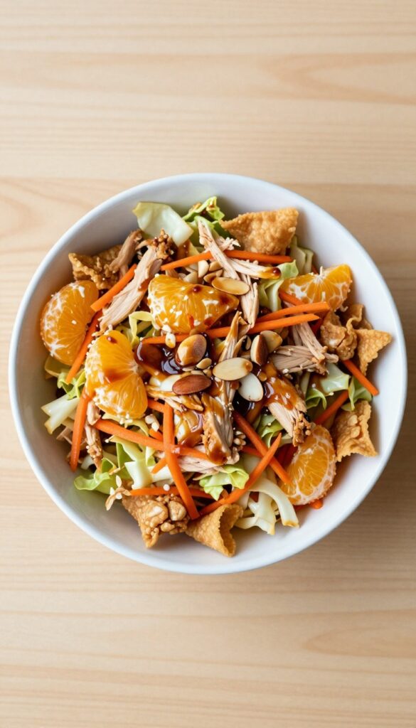 A bowl of classic crunchy Chinese chicken salad with shredded chicken, napa cabbage, carrots, mandarin oranges, almonds, and wonton strips.