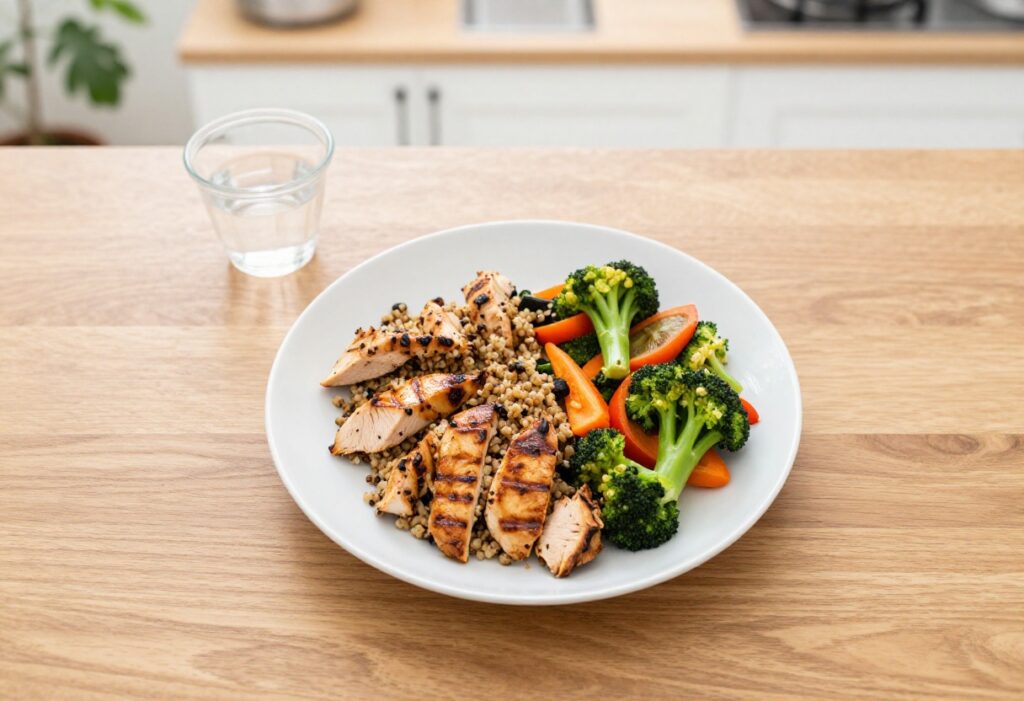 Balanced meal with grilled chicken, quinoa, and roasted vegetables on a wooden table