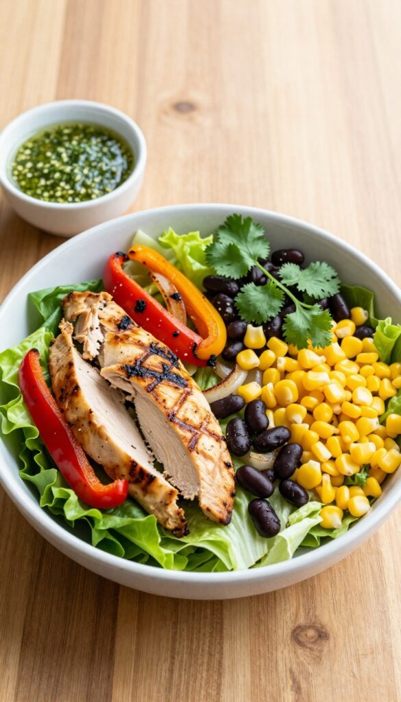 Grilled chicken fajita salad bowl with charred peppers, black beans, corn, and cilantro-lime vinaigrette