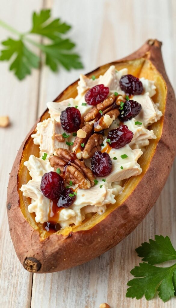 Stuffed sweet potato with cranberry pecan chicken salad and balsamic glaze on a wooden table.