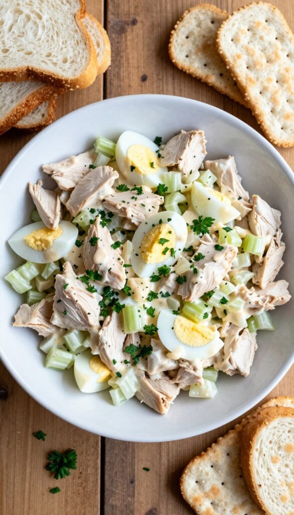 Classic creamy chicken salad with boiled eggs in a white bowl, served with bread and crackers on a wooden table.