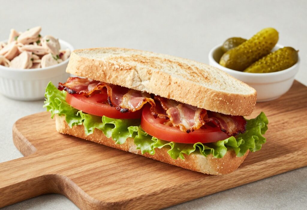BLT chicken salad sandwich on a wooden board with bacon, lettuce, and tomato, plus a side bowl of chicken salad and pickles.