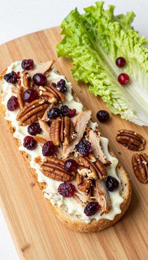 Cranberry pecan chicken salad sandwich on a wooden board, sliced in half, with lettuce and scattered cranberries and pecans.