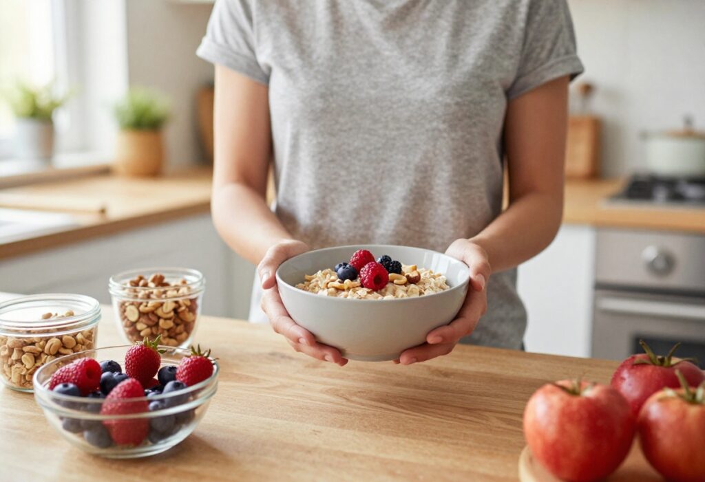 New mother eating a bowl of oatmeal with berries and nuts in a cozy kitchen