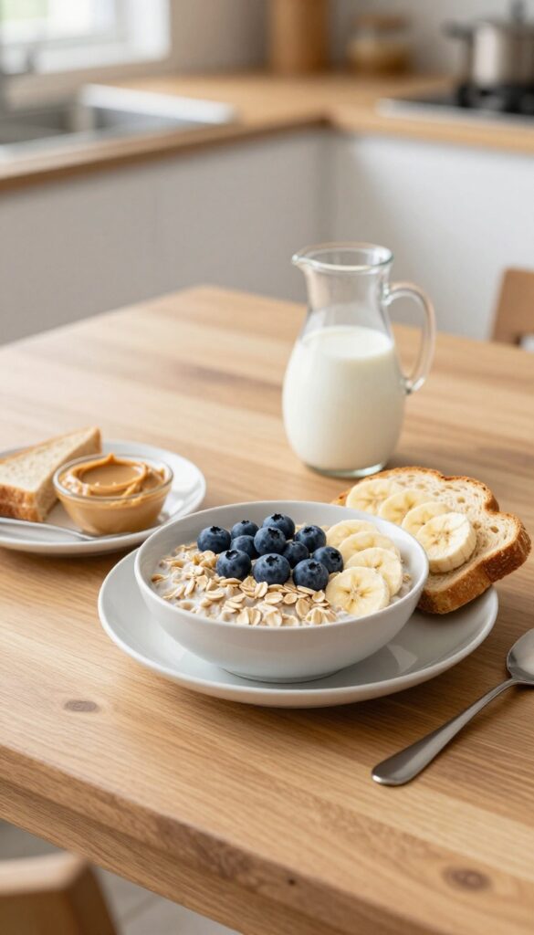 Pre-workout meal of oatmeal with berries and banana, whole-grain toast with peanut butter