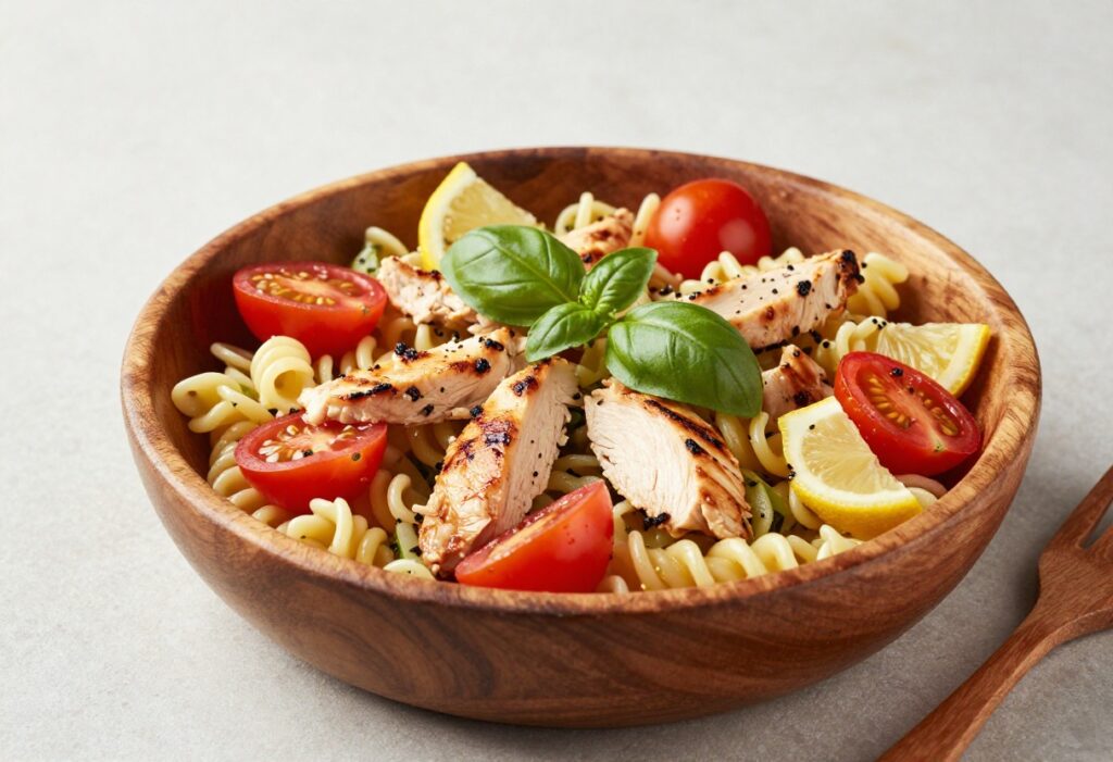Chicken pasta salad in a wooden bowl with tomatoes, basil, and lemon wedges