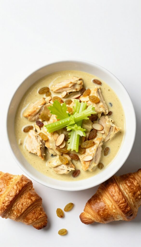 Curry chicken salad with golden raisins in a white bowl, with croissant and raisins on the side.