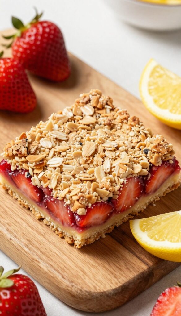 Lemon strawberry crumble bar on a wooden board with fresh strawberries and lemon slice.