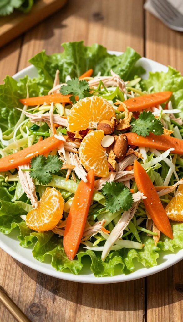 Mandarin Orange and Almond Chicken Salad on a platter with lettuce leaves, orange segments, almonds, and wonton strips.
