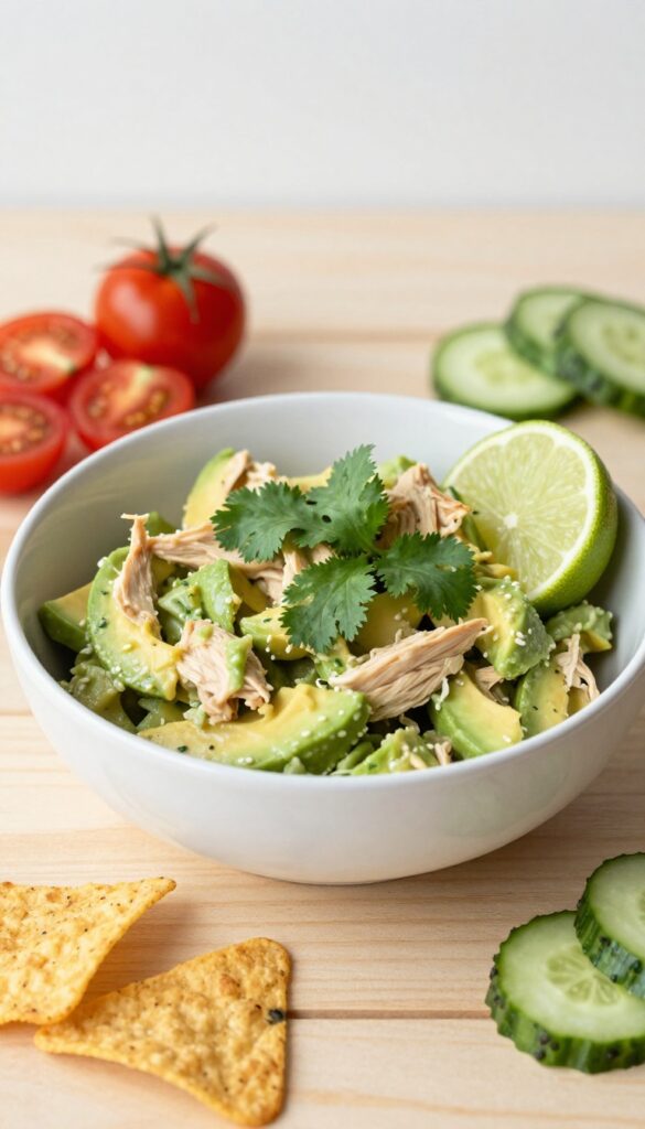 Avocado chicken salad in a white bowl with lime and cilantro, surrounded by tomatoes, cucumber, and chips.