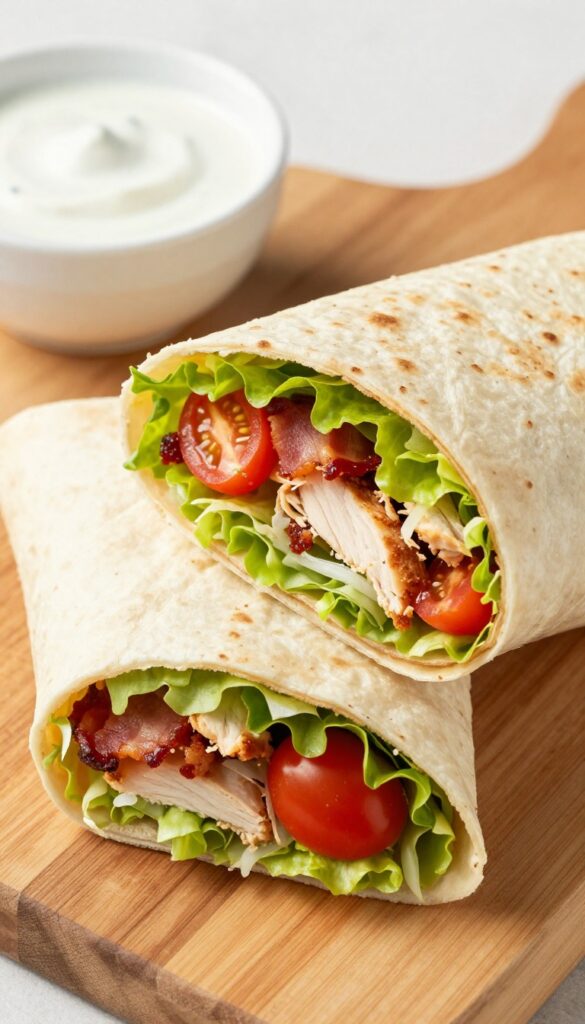 Ranch BLT chicken salad wrap cut in half on a wooden cutting board with a bowl of ranch dressing.