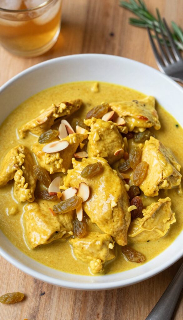 Curry chicken salad with raisins and almonds in a bowl on a wooden table